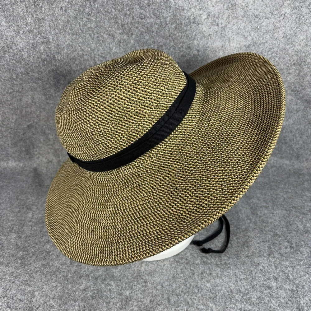 Solar Escape Womens Wide Brim Sun Hat OS Tan Black Woven Adjustable Chin Strap